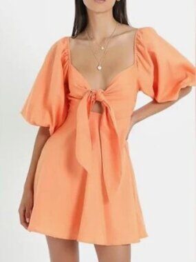 Charlie Holiday Orange Linen Blend Puff Sleeve Tie Front Mini Dress Size Medium